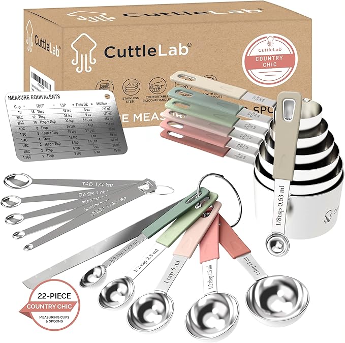 CuttleLab 22-Piece Stainless Steel Measuring Cups and Spoons Set, Tad Dash Pinch Smidgen Drop Mini Measuring Spoons, Measuring Stick Leveler, Measurement Conversion Chart Fridge Magnet, (Country Chic) by CuttleLab