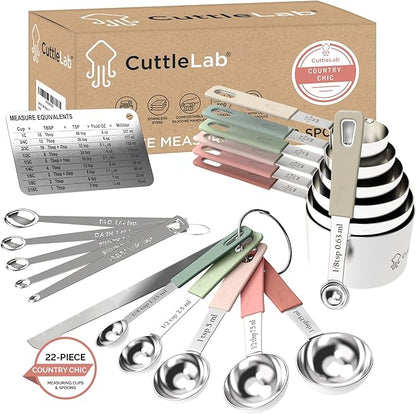 CuttleLab 22-Piece Stainless Steel Measuring Cups and Spoons Set, Tad Dash Pinch Smidgen Drop Mini Measuring Spoons, Measuring Stick Leveler, Measurement Conversion Chart Fridge Magnet, (Country Chic) by CuttleLab