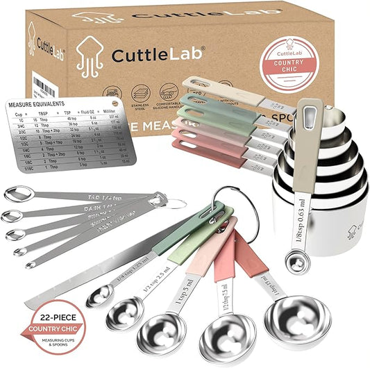CuttleLab 22-Piece Stainless Steel Measuring Cups and Spoons Set, Tad Dash Pinch Smidgen Drop Mini Measuring Spoons, Measuring Stick Leveler, Measurement Conversion Chart Fridge Magnet, (Country Chic) by CuttleLab