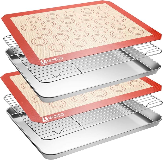 MCIRCO 6 Piece Stainless Steel Baking Sheet with Rack with Silicone Baking Mat Set (2 Pans + 2 Racks + 2 Mats), 17.3 x 13 x 1 Inch Cookie Sheet with Cooling Rack, Easy Clean by MMCIRCO