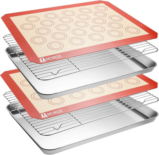MCIRCO 6 Piece Stainless Steel Baking Sheet with Rack with Silicone Baking Mat Set (2 Pans + 2 Racks + 2 Mats), 17.3 x 13 x 1 Inch Cookie Sheet with Cooling Rack, Easy Clean by MMCIRCO
