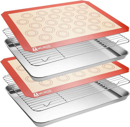Stainless Steel Baking Sheet Tray Cooling Rack with Silicone Baking Mat Set, Cookie Pan with Cooling Rack, Set of 6 (2 Sheets + 2 Racks + 2 Mats), Size 16 x 12 x 1 Inch, Easy Clean by MMCIRCO