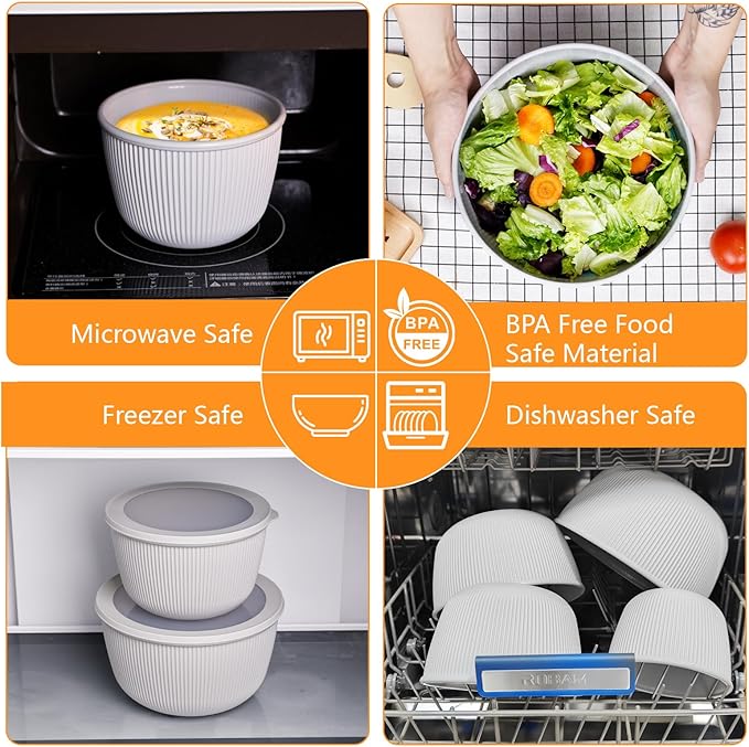 BoxedHome Nesting Plastic Mixing Bowls, BPA-Free Plastic, Microwave and Dishwasher Safe, Set of 4, 1.27/2.22/3.38/4.76quart, Grey - Image 7