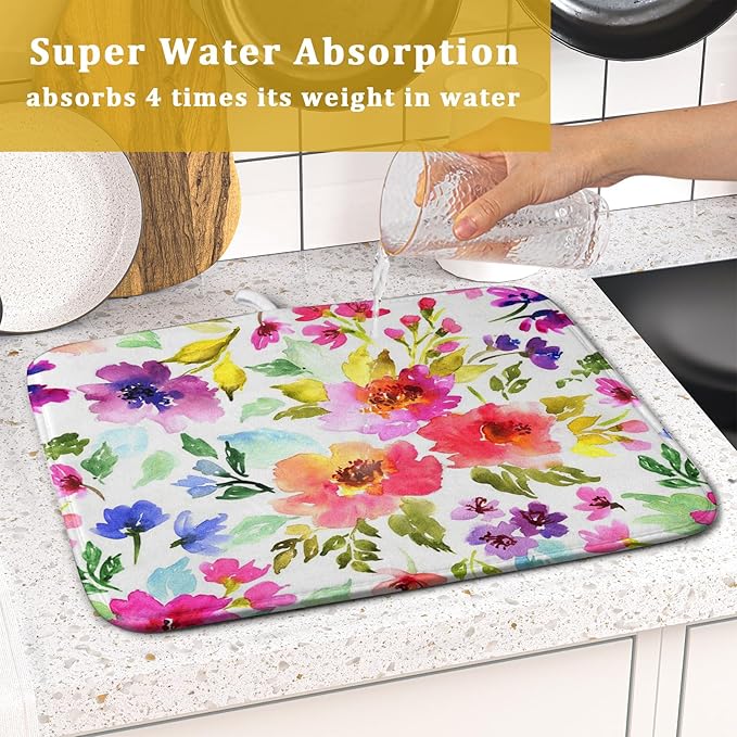 Spring Floral Dish Drying Mat for Kitchen Counter Flower Microfiber Absorbent Dish Draining Reusable Washable Foldable 16"x18" - Image 7