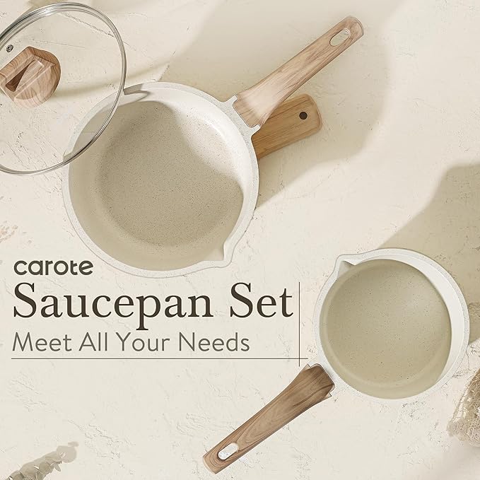 CAROTE 1.5Qt & 3.0Qt Sauce Pan Sets with Lid Cooking Pots Nonstick Saucepans Cookware Set with Pour Spout Small Kitchen Pot, Induction Comptable, Easy to Clean, PFOA FREE (White Granite) - Image 9