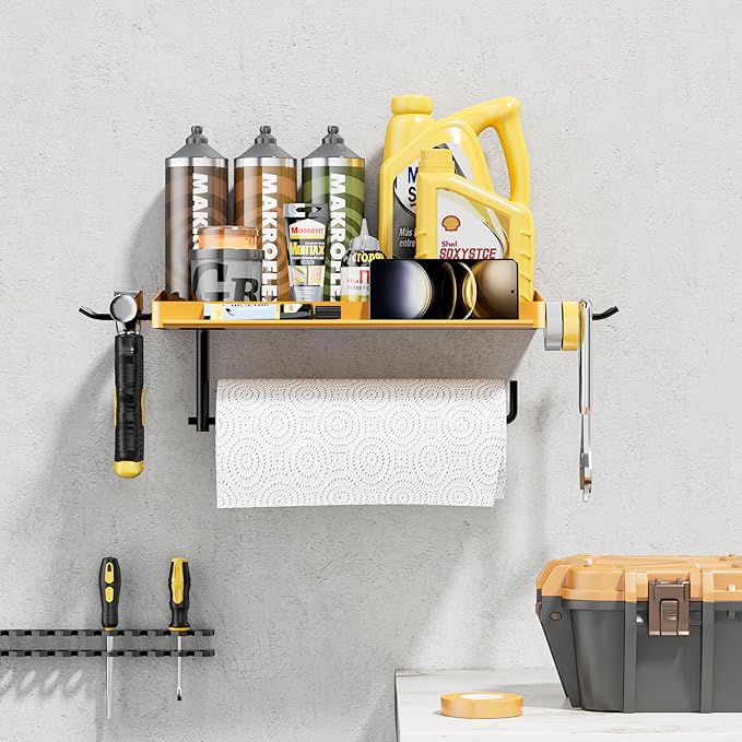 SUNTECH Garage Paper Towel Holder with Shelf, Yellow Heavy Duty Shop Towel Holder, Paper Towel Holder Wall Mount with 2 Hooks for Garage, Workshop, Tool Room Organization - Image 5