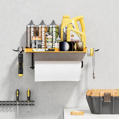 SUNTECH Garage Paper Towel Holder with Shelf, Yellow Heavy Duty Shop Towel Holder, Paper Towel Holder Wall Mount with 2 Hooks for Garage, Workshop, Tool Room Organization - Image 5