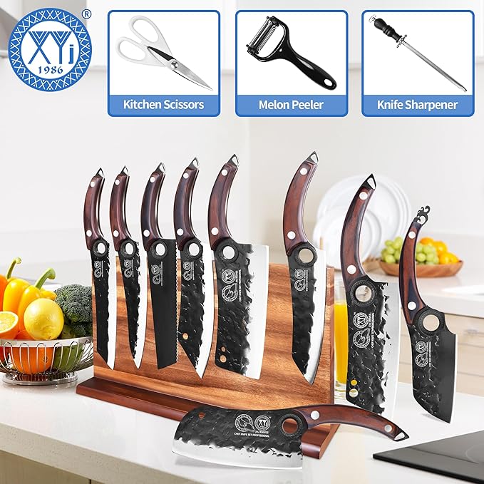XYJ Authentic Since 1986,Knife Block Set,High Carbon Steel Forged Blades,Kitchen Knives Set with Wooden Magnetic Knife Block,Sharpening Steel,Cutting Board,Cleaver Slicing Knife,Wood Handle