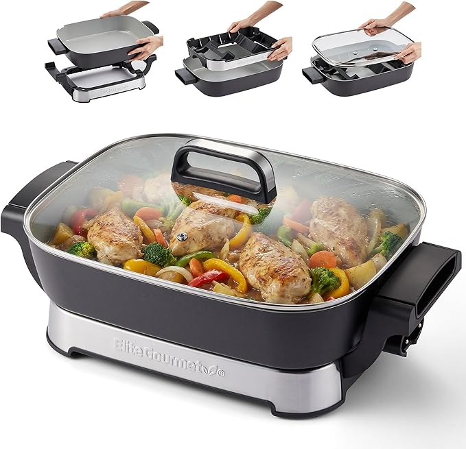 Elite Gourmet 15" x 12" x 3" Stow-Away Foldable Electric Skillet, Ceralast™ PFAS Free Ceramic, 1500W Rapid Heat, Dishwasher Safe Pan & Lid, Black/Grey by EliteGourmet