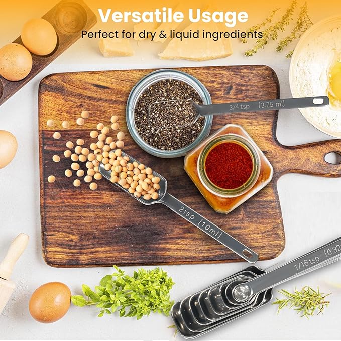 Stainless Steel Measuring Spoons Set of 8, Rectangular Metal Measuring Spoons with Leveler, Compact Spoons Design for Narrow Spice Jars, Teaspoon & Tablespoon Spoons for Dry & Liquid Ingredients - Image 9