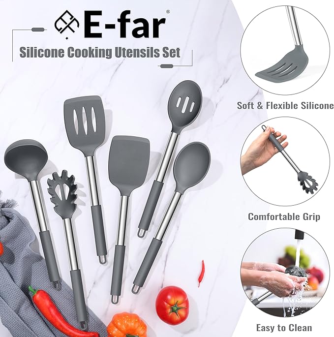 E-far 14 Pieces Silicone Cooking Utensils Set, Kitchen Utensils Set with Holder, Spatula, Ladle, Spoon, Tong, Slotted Turner for Nonstick Cookware, 446°F Heat Resistant & Stainless Steel Handle, Gray - Image 4