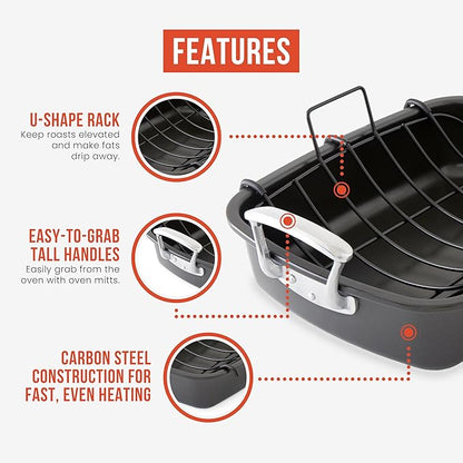 Chef Pomodoro Deluxe Large Carbon Steel Roasting Pan with U-Rack, 18.5 x 14.5-In (47 x 37 cm), Extra-Large, Grey – The Ultimate Solution for Flawless Roasts, BBQs, and Oven-to-Table Entertaining