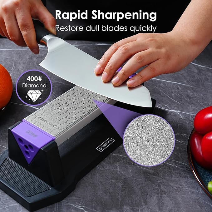 3-Sided Diamond Sharpening Stone 400/1000/8000 Grit Whetstone with Angle Guide, Non-Slip Base, Leather Strop & Glove Premium Knife Sharpener for Kitchen, Hunting & Outdoor