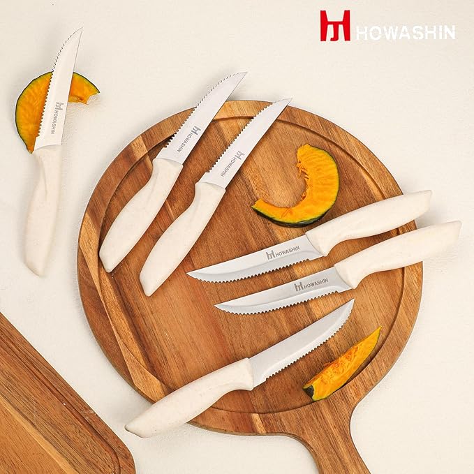 White Knife Set, Howashin 15 Pieces Kitchen Knife Set with Built in Knife Sharpener, High Carbon German Stainless Steel Knife Block Set, Dishwasher Safe Knives Set