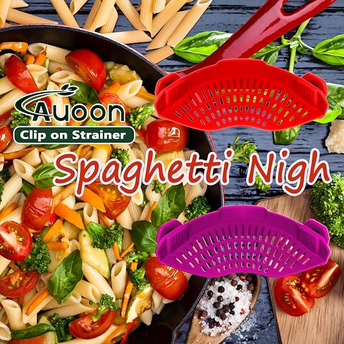 AUOON Clip On Strainer Silicone for All Pots and Pans, Pasta Strainer Clip on Food Strainer for Meat Vegetables Fruit Silicone Kitchen Colander (Purple) - Image 4