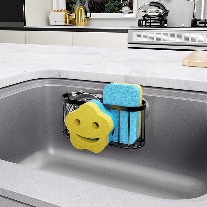 HapiRm Sink Caddy Sponge Holder - 2 Installation Ways Kitchen Sink Organizer with Smiley Face Sponge Holder, Stainless Steel Kitchen Caddy - Black - Image 6