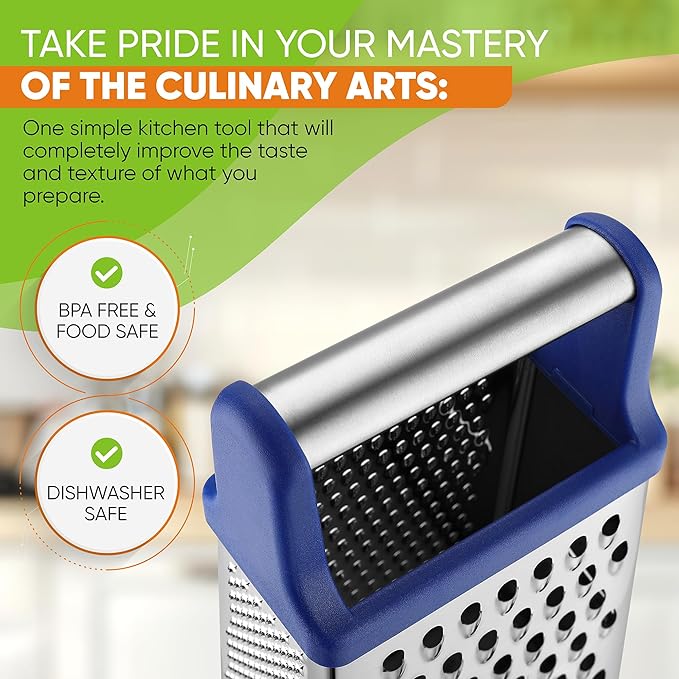 Spring Chef Stainless Steel XL Parmesan Cheese Grater with Handle - 4 Sided Metal Box Grater for Kitchen - Dishwasher Safe Potato Shredder for Hash Browns, Potato, Carrot, Vegetables - Sapphire - Image 5