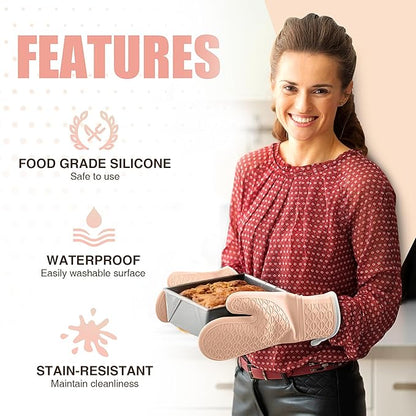Silicone Oven Mitts, Heat Resistant 2PCS Oven Mitts with Soft Cotton Lining, Waterproof Non-Slip Grip Oven Glove, Kitchen Potholder Mits for BBQ, Baking, Cooking, 12.5 Inch - Pink - Image 4