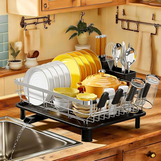 MOUKABAL Dish Drying Rack, Dish Rack, Stainless Steel Dish Racks for Kitchen Counter, Dish Drainer with Removable Utensil Holder, Drainboard (Black,Stainless Steel,13''W x 17''L) by MOUKABALGREATHELPER