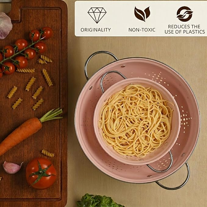 Metal Colander 2 Pack, Strainer Bowel with Handles 2Qt & 6Qt Powder Coated Solid Ring Base Heavey Duty Kitchen Drainer Basket for Pasta Veggies and Fruits,New Home Apartment Essentials (Pink) - Image 4