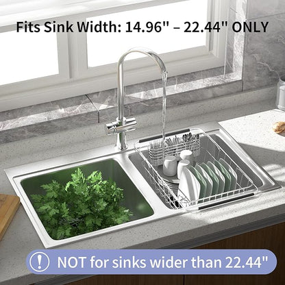 JAQ Over Sink Dish Drying Rack, Expandable 14.96"–22.44" Adjustable Dish Rack for Kitchen Sink, 304 Stainless Steel Dish Drainer with Utensil Holder, Space Saving for Small Sink