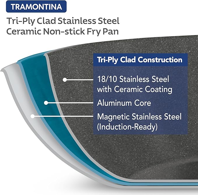 Tramontina Signature 12-Inch Tri-Ply Clad Stainless Steel Large Frying Pan with Ceramic Non Stick Interior, Induction-Ready Nonstick Skillet, Oven-Safe, Made in Brazil - Image 4