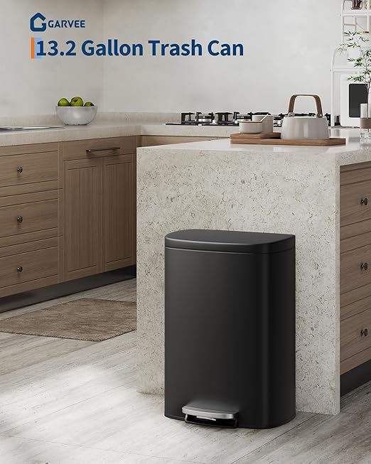 Garvee 13 gal / 50 L Metal Kitchen Trash Can with Lid, Large Rustproof Garbage Can for Kitchen, Step-on Trash Bin with Inner Bucket, Rear Handle, Soft Close Lid, Black - Image 2
