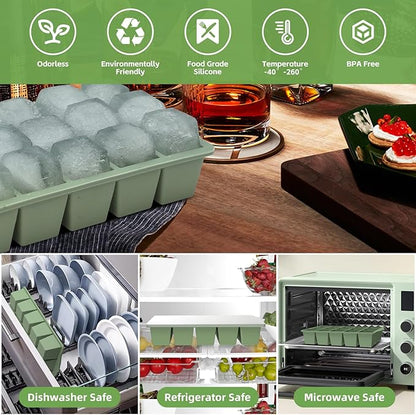 FANYITY Silicone Ice Cube Tray with Lid, Green, Pack of 2 Ice Cube Moulds, Silicone Mould, BPA-Free, Stackable Ice Cube Tray, Ice Cube Trays for Baby Porridge, Cocktail, Whiskey, Coffee