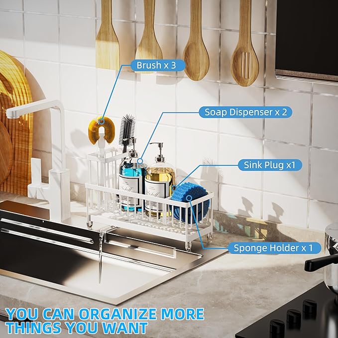 Moforoco Extra Large Kitchen Sink Caddy, Rustproof Sponge Holder with High Brush Holder, Stainless Steel White Kitchen Caddy Sink Countertop Organizer, Sponge Caddy for Kitchen Sink - Image 7