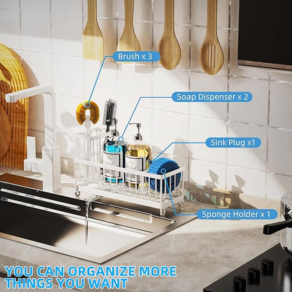 Moforoco Extra Large Kitchen Sink Caddy, Rustproof Sponge Holder with High Brush Holder, Stainless Steel White Kitchen Caddy Sink Countertop Organizer, Sponge Caddy for Kitchen Sink - Image 7