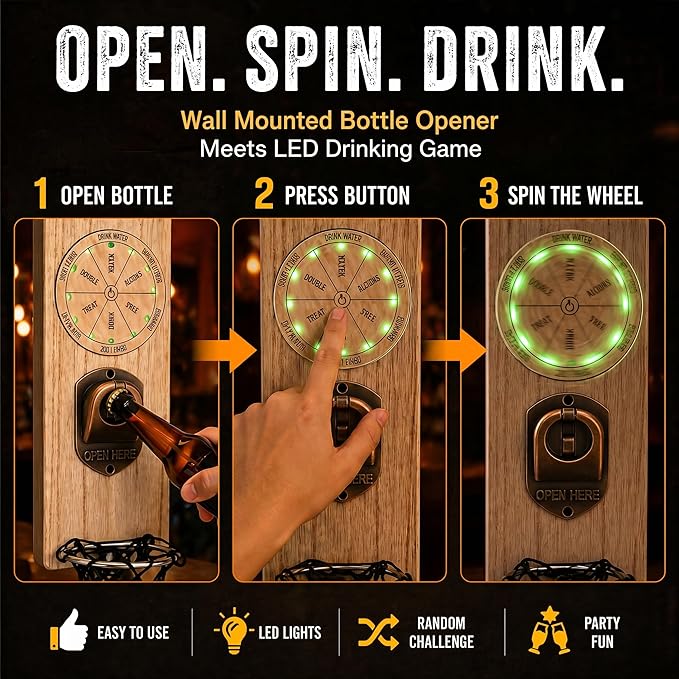 Magnetic Bottle Openers with Catcher, Wall Mounted Wooden Beer Bottle Opener with Game Roulette, Traceless Corkscrew, Home Bar Accessories for Kitchen, Outdoor, Ideal Beer Gifts for Men (Style 11)