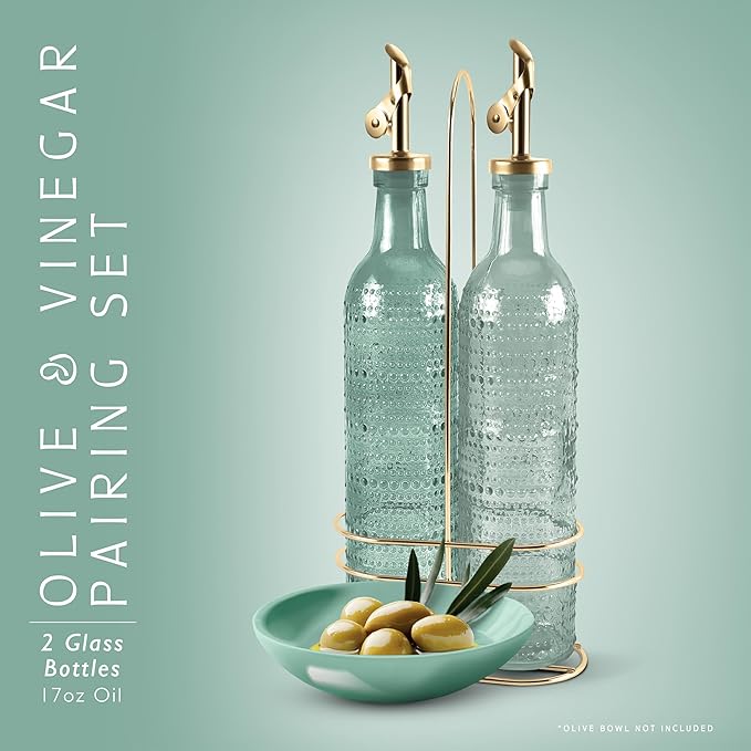 COOK WITH COLOR Glass Olive Oil Bottle Dispenser - 2 Pack- 17oz Oil and Vinegar Cruet - Olive Oil Carafe Decanter for Kitchen, Champagne Bubbles, Green - Image 2