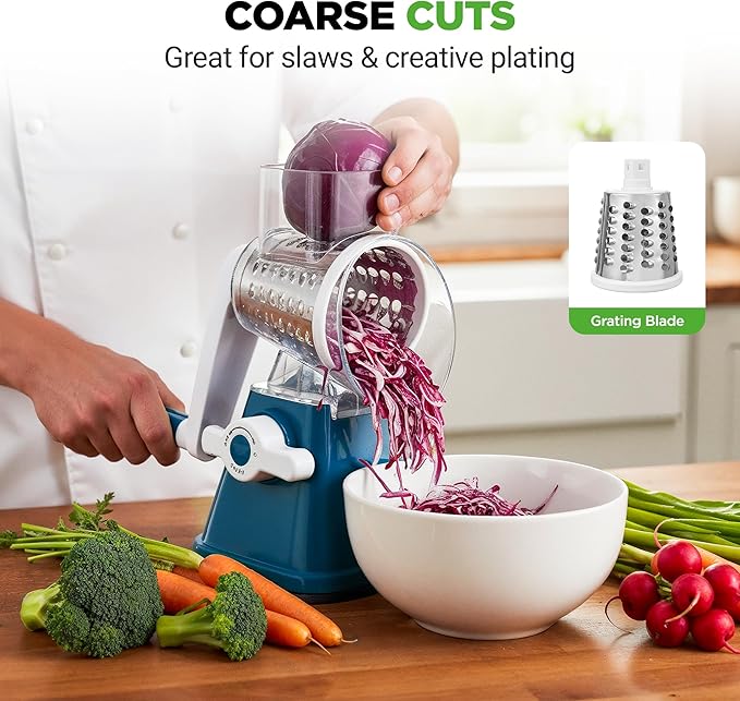 NutriChef 3 in 1 Cheese Grater & Shredder | Strong Suction Base, Rotary Handle with Safety Lock | Includes Hand Crank & 3 Drum Blades for 3 Textures, Fine, Medium & Strips | Blue - Image 5