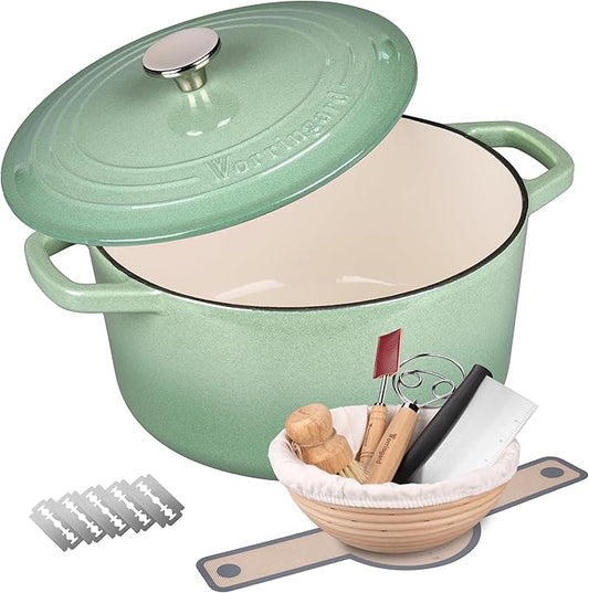 VORRINGARD Enameled Cast Iron Dutch Oven Pot with Lid, for Bread Baking, Round Bread Oven- include Sourdough Bread Baking Supplies set, 4.5QT, Sage Green by Unknown