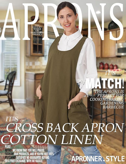 Cozy Adjustable Cross Back Aprons for Women with Pockets Cotton Linen Cooking Kitchen Baking