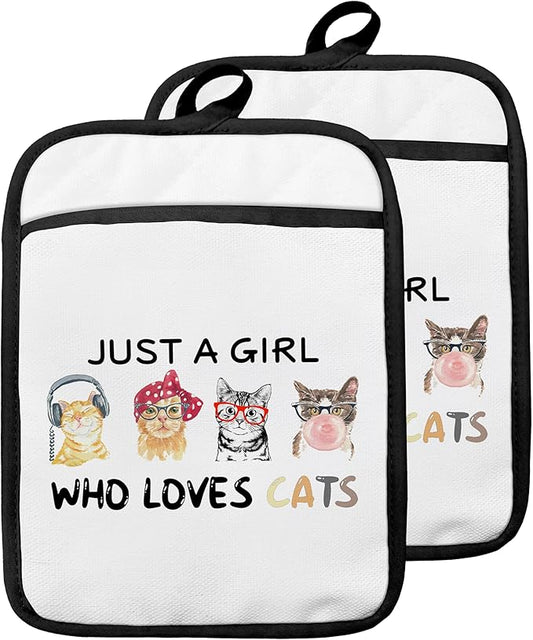 Cat Pot Holders with Pockets, Just a Girl Who Loves Cats Oven Pot Holders Heat Resistant Oven Mitts Hot Pads for Kitchen Baking Cooking