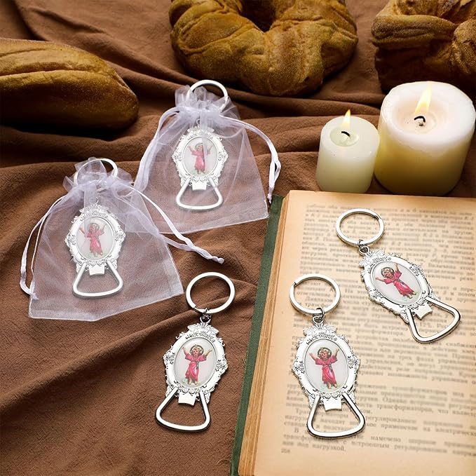 Misdary 12 Pcs Divine Jesus Bottle Opener Keychain Catholic Bottle Opener with Organza Baptism Party Favor for Guest