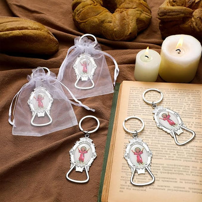 Misdary 12 Pcs Divine Jesus Bottle Opener Keychain Catholic Bottle Opener with Organza Baptism Party Favor for Guest