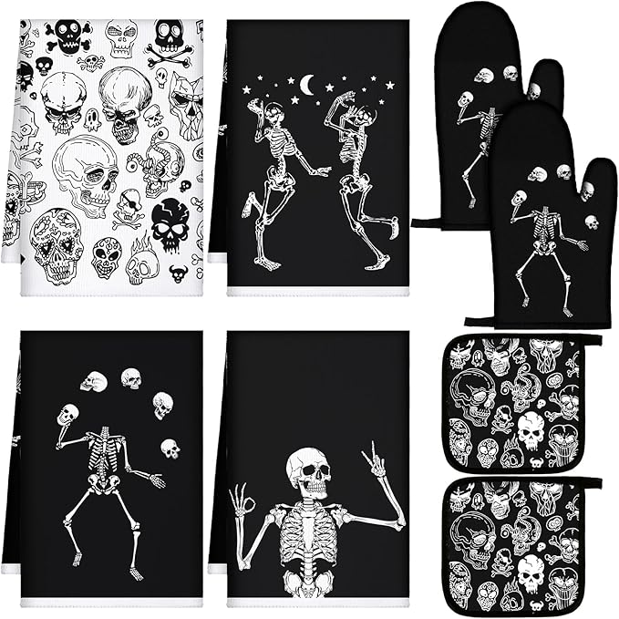 Leinuosen 8 Pcs Skull Kitchen Decor Set Kitchen Towels Gothic Oven Mitts and Pot Holders Skeleton Hand Dish Towels Horror Oven Mitts for Home Decoration Party Gifts (Black and White,Skeleton) by Leinuosen