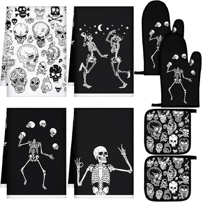 Leinuosen 8 Pcs Skull Kitchen Decor Set Kitchen Towels Gothic Oven Mitts and Pot Holders Skeleton Hand Dish Towels Horror Oven Mitts for Home Decoration Party Gifts (Black and White,Skeleton) by Leinuosen