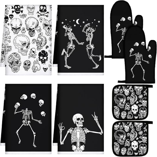 Leinuosen 8 Pcs Skull Kitchen Decor Set Kitchen Towels Gothic Oven Mitts and Pot Holders Skeleton Hand Dish Towels Horror Oven Mitts for Home Decoration Party Gifts (Black and White,Skeleton) by Leinuosen