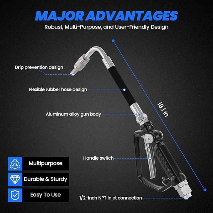 Pneumatic Oil Gun Dispenser, Oil Control Valve Nozzle 1/2-Inch NPT Inlet, Heavy Duty Air Operated Control Valve Dispenser for Motor, Gear, Lubricants, Synthetic Hydraulic Fluid and Antifreeze