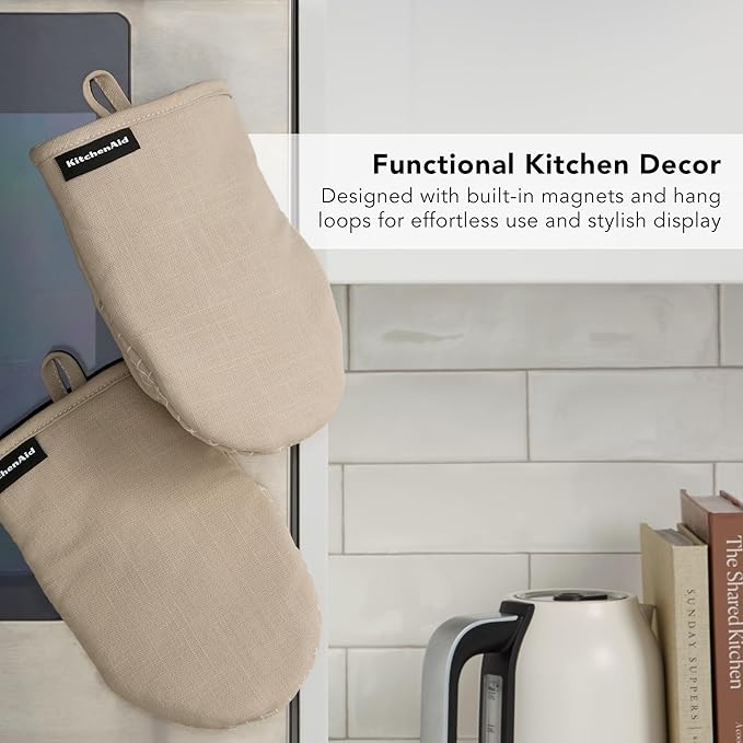 KITCHENAID Gourmet Series Gridlines Mini Oven Mitts 2-Pack Set, Heat Resistant up to 600°F, Soft Silicone Grip, Magnetic Cuff, Milkshake Tan, 5.5"x9" - Image 6