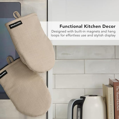 KITCHENAID Gourmet Series Gridlines Mini Oven Mitts 2-Pack Set, Heat Resistant up to 600°F, Soft Silicone Grip, Magnetic Cuff, Milkshake Tan, 5.5"x9" - Image 6