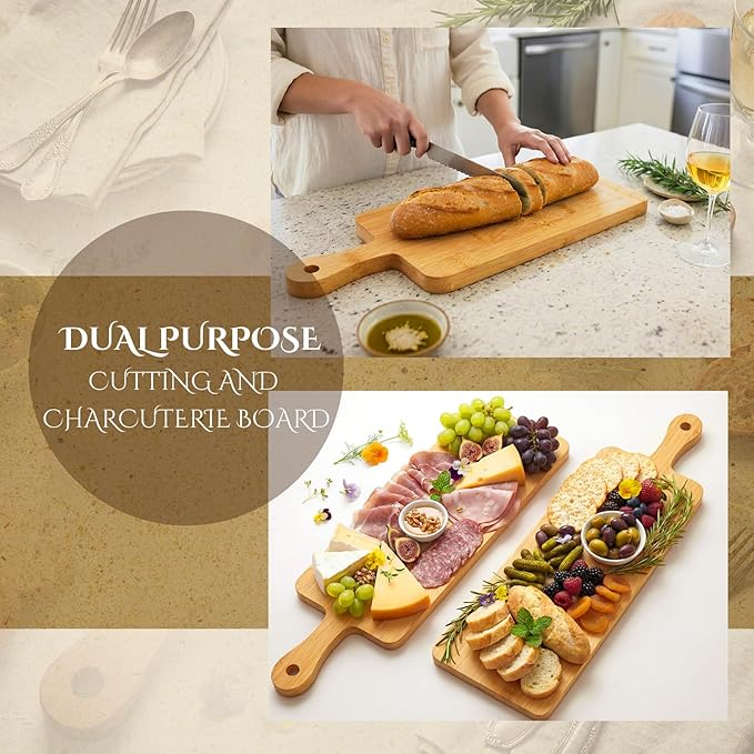 Nuenen 10 Pcs Wood Cutting Board with Handle 16.1 x 4.7 Inch Acacia Bamboo Wooden Serving Kitchen Chopping Boards for Pizza, Bread, Cheese, Charcuterie, Fruit, Vegetables(Narrow Bamboo) - Image 3