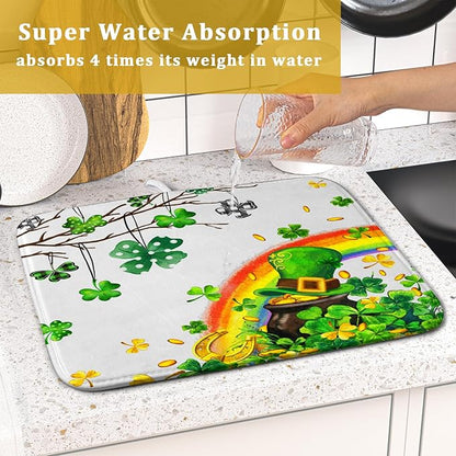 Giwawa St Patrick Dish Drying Mat Small Lucky Clover Tree Shamrock Dish Drainer Mats 16x18inch Spring Elf Hat Rainbow Colorful Fast Drying Absorbent Dish Drying Pad for Kitchen Counter Decor