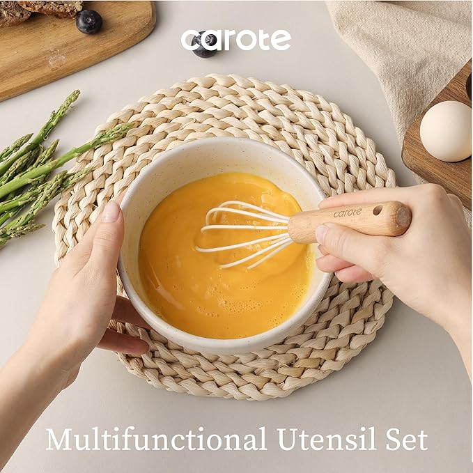 CAROTE Silicone Cooking Utensils Set, Kitchen Utensils Set 10 Pcs for cooking, BPA Free Spatula Set with Heat Resistant Wood Handles for Nonstick Cookware (Cream White) - Image 5