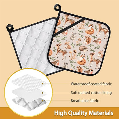 Mushroom Squirrel Deer Hedgehog Pot Holder Set of 2,Heat Resistant Potholders Oven Hot Pads for Kitchen Cooking Baking BBQ