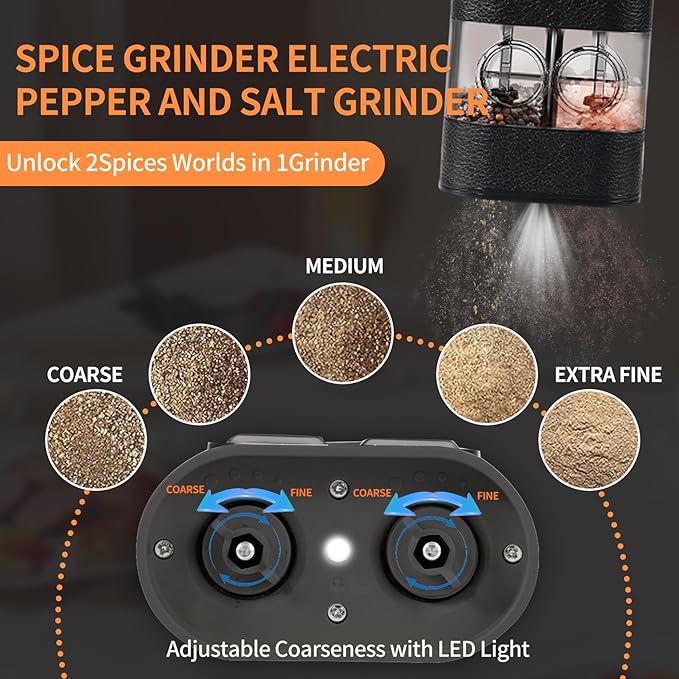 Dual Chamber Electric Pepper and Salt Grinder,Rechargeable Salt and Pepper Grinder Set USB-C,One-Handed Automatic Spice Mill Grinds Two Spice,Large Refillable,Ceramic Adjustable Coarseness for Kitchen