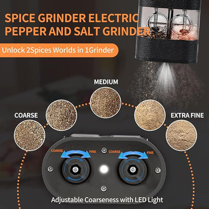 Dual Chamber Electric Pepper and Salt Grinder,Rechargeable Salt and Pepper Grinder Set USB-C,One-Handed Automatic Spice Mill Grinds Two Spice,Large Refillable,Ceramic Adjustable Coarseness for Kitchen